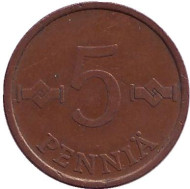 Монета 5 пенни. 1965 год, Финляндия. Монета 5 пенни. 1965 год, Финляндия.