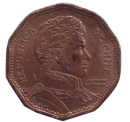 Монета 50 песо. 2008 год, Чили. (Надпись "R.Thenot" ) Бернардо О’Хиггинс.