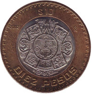 Монета 10 песо. 2012 год, Мексика. aUNC. Тонатиу. Ацтекский солнечный камень. Орёл.