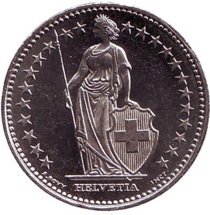 Монета 1 франк. 2015 год, Швейцария. Гельвеция. Монета 1 франк. 2015 год, Швейцария. Гельвеция.