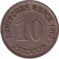 Монета 10 пфеннигов. 1910 год (G), Германская империя. Нечастая. Монета 10 пфеннигов. 1910 год (G), Германская империя. Нечастая.