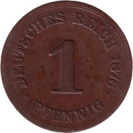 Монета 1 пфенниг. 1876 год (В), Германская империя.