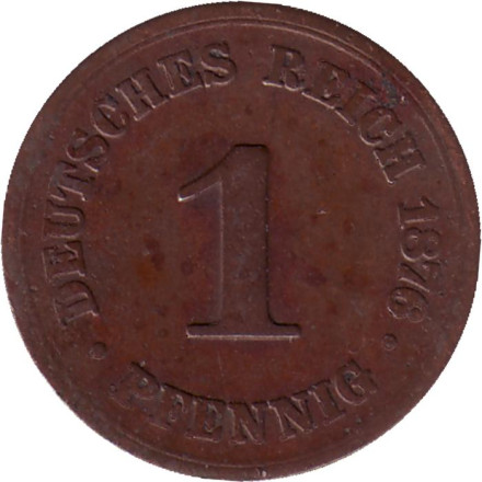 Монета 1 пфенниг. 1876 год (В), Германская империя.