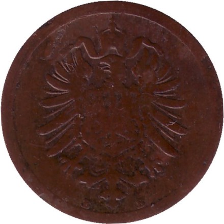 Монета 1 пфенниг. 1876 год (В), Германская империя. Монета 1 пфенниг. 1876 год (В), Германская империя.