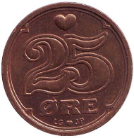 Монета 25 эре. 1995 год, Дания. Монета 25 эре. 1995 год, Дания.