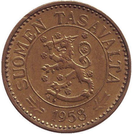 Монета 10 марок. 1958 год, Финляндия. (Тип 1. "Маленькая "1") Монета 10 марок. 1958 год, Финляндия. (Тип 1. "Маленькая "1")