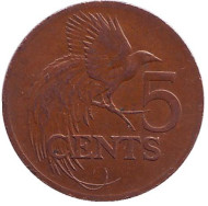 Монета 5 центов. 1995 год, Тринидад и Тобаго. Райская птица. Монета 5 центов. 1995 год, Тринидад и Тобаго. Райская птица.