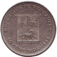 Монета 50 сентимо. 1989 год, Венесуэла. Герб Венесуэлы. Монета 50 сентимо. 1989 год, Венесуэла. Герб Венесуэлы.