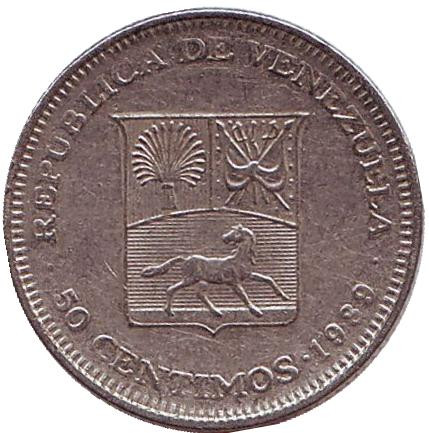 Монета 50 сентимо, 1989 год, Венесуэла. Из обращения. Герб Венесуэлы.
