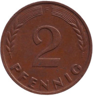 Монета 2 пфеннига. 1961 год (F), ФРГ. Дубовые листья. Монета 2 пфеннига. 1961 год (F), ФРГ. Дубовые листья.