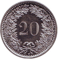 Монета 20 раппенов. 2007 год, Швейцария. aUNC. Монета 20 раппенов. 2007 год, Швейцария. aUNC.