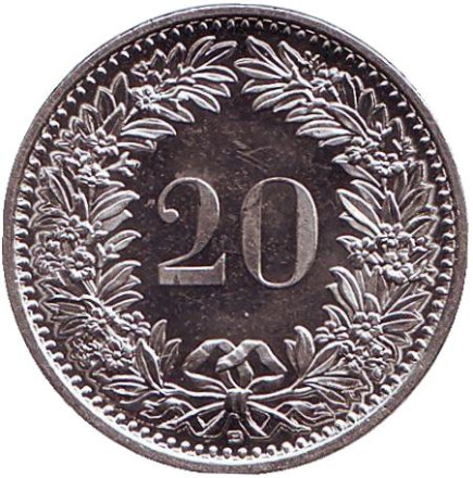 Монета 20 раппенов. 2007 год, Швейцария. aUNC.
