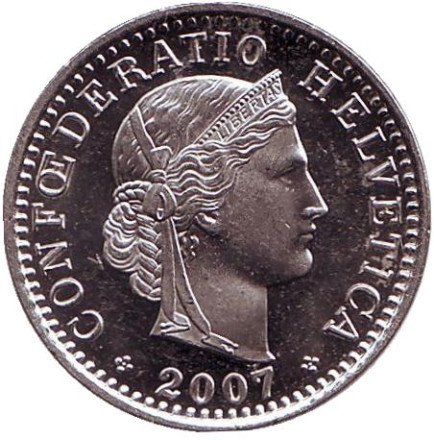 Монета 20 раппенов. 2007 год, Швейцария. aUNC. Монета 20 раппенов. 2007 год, Швейцария. aUNC.