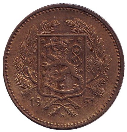 Монета 5 марок. 1951 год, Финляндия. Монета 5 марок. 1951 год, Финляндия.