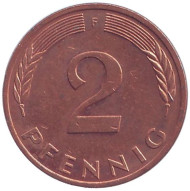 Монета 2 пфеннига. 1983 год (F), ФРГ. Дубовые листья. Монета 2 пфеннига. 1983 год (F), ФРГ. Дубовые листья.