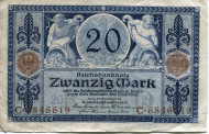 Рейхсбанкнота 20 марок. 1915 год, Германская империя. Рейхсбанкнота 20 марок. 1915 год, Германская империя.