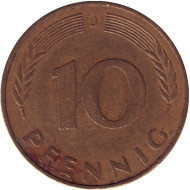 Монета 10 пфеннигов. 1976 год (J), ФРГ. Дубовые листья. Монета 10 пфеннигов. 1976 год (J), ФРГ. Дубовые листья.