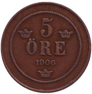 Монета 5 эре. 1906 год, Швеция. Монета 5 эре. 1906 год, Швеция.