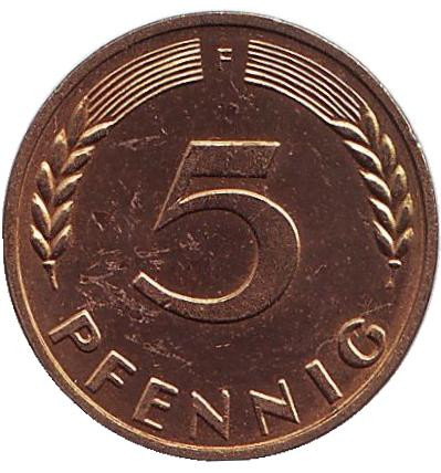 Монета 5 пфеннигов. 1971 год (F), ФРГ. Дубовые листья.