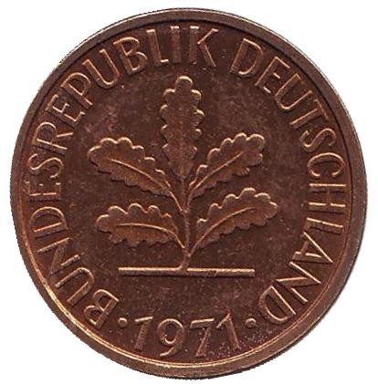Монета 5 пфеннигов. 1971 год (F), ФРГ. Дубовые листья. Монета 5 пфеннигов. 1971 год (F), ФРГ. Дубовые листья.