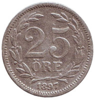 Монета 25 эре. 1897 год, Швеция. Монета 25 эре. 1897 год, Швеция.