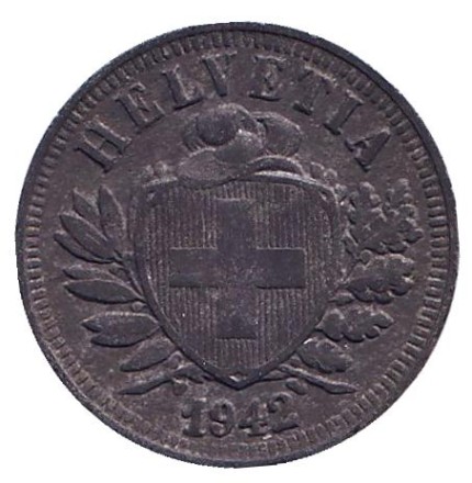 Монета 2 раппена. 1942 год, Швейцария. Монета 2 раппена. 1942 год, Швейцария.