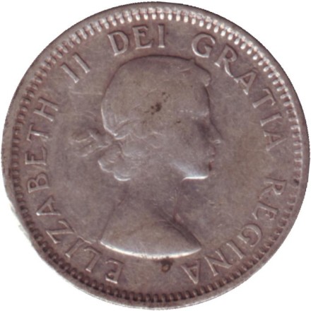 Монета 10 центов. 1953 год, Канада. Парусник. Монета 10 центов. 1953 год, Канада. Парусник.