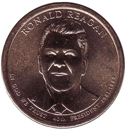 40-й президент США. Рональд Рейган. Монетный двор D. 1 доллар, 2016 год, США.
