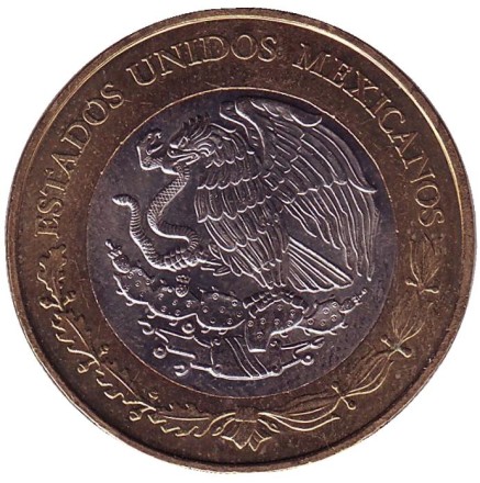 Монета 20 песо. 2010 год, Мексика. 20 лет присуждения Нобелевской премии по литературе Октавио Пасу.