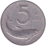 Монета 5 лир. 1951 год, Италия. Дельфин. Судовой руль. Монета 5 лир. 1951 год, Италия. Дельфин. Судовой руль.