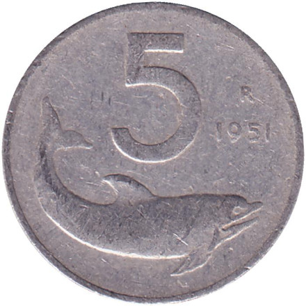 Монета 5 лир. 1951 год, Италия. Дельфин. Судовой руль.