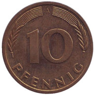 Монета 10 пфеннигов. 1991 год (A), ФРГ. Дубовые листья. Монета 10 пфеннигов. 1991 год (A), ФРГ. Дубовые листья.