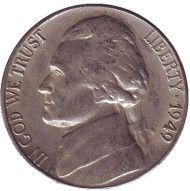Монета 5 центов. 1949 год (S), США. Джефферсон. Монтичелло. Монета 5 центов. 1949 год (S), США. Джефферсон. Монтичелло.
