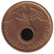 Монета 10 рейхспфеннигов. 1938 год, Германия (Третий Рейх). (B). Монета 10 рейхспфеннигов. 1938 год, Германия (Третий Рейх). (B).