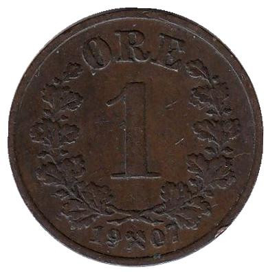 Монета 1 эре. 1907 год, Норвегия.