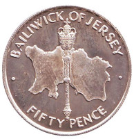 25 лет свадьбе Королевы Елизаветы II и Принца Филиппа. Монета 50 пенсов. 1972 год, Джерси.