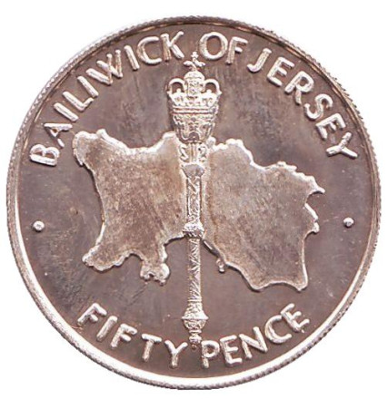 Монета 50 пенсов. 1972 год, Джерси. 25 лет свадьбе Королевы Елизаветы II и Принца Филиппа.