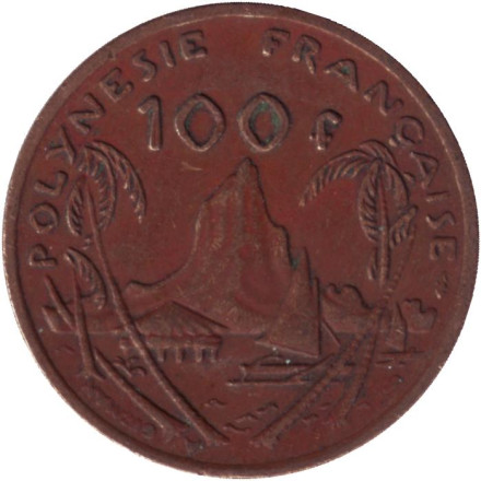 Монета 100 франков. 1987 год, Французская Полинезия. Скалистый остров Муреа.