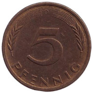 Монета 5 пфеннигов. 1973 год (D), ФРГ. Дубовые листья. Монета 5 пфеннигов. 1973 год (D), ФРГ. Дубовые листья.
