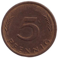 Дубовые листья. Монета 5 пфеннигов. 1973 год (D), ФРГ.
