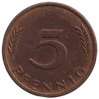 Монета 5 пфеннигов. 1973 год (D), ФРГ. Дубовые листья.