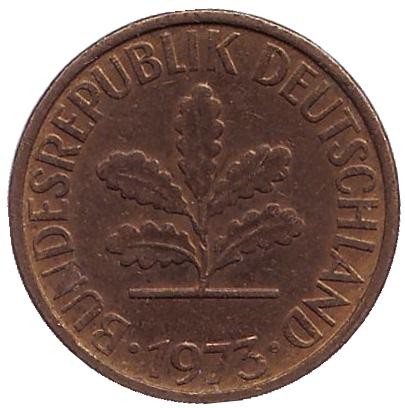 Монета 5 пфеннигов. 1973 год (D), ФРГ. Дубовые листья. Монета 5 пфеннигов. 1973 год (D), ФРГ. Дубовые листья.