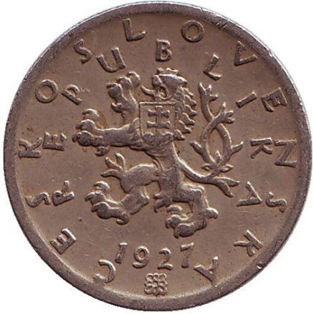 Монета 50 геллеров. 1927 год, Чехословакия.