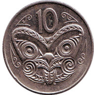 Монета 10 центов. 1989 год, Новая Зеландия. Маска маори. Монета 10 центов. 1989 год, Новая Зеландия. Маска маори.