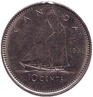 Монета 10 центов. 1981 год, Канада. Парусник. Монета 10 центов. 1981 год, Канада. Парусник.