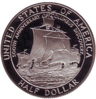 Монета 50 центов (S). 1992 год, США. Proof. 500-летие открытия Колумбом Америки. Монета 50 центов (S). 1992 год, США. Proof. 500-летие открытия Колумбом Америки.