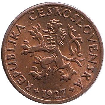 Монета 5 геллеров. 1927 год, Чехословакия.