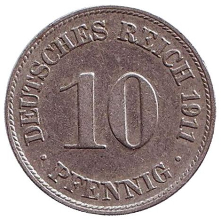 Монета 10 пфеннигов. 1911 год (D), Германская империя.