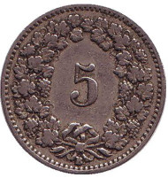 Монета 5 раппенов. 1899 год, Швейцария. Монета 5 раппенов. 1899 год, Швейцария.
