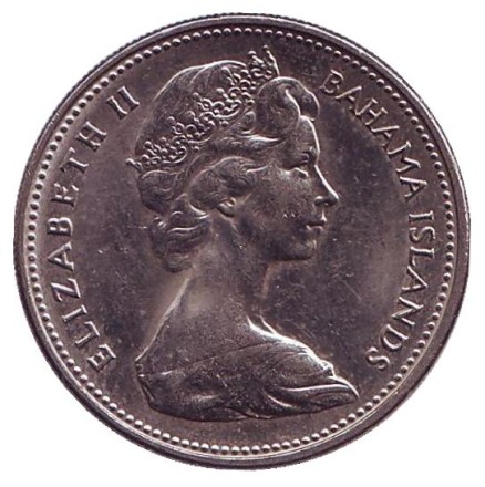 Монета 25 центов. 1969 год, Багамские острова. Парусник.